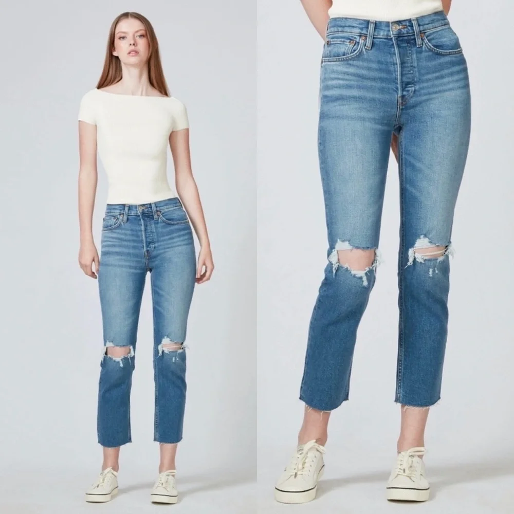 RE/DONE 70s Stove Pipe‎ High Rise Jeans in Dusk Destroy